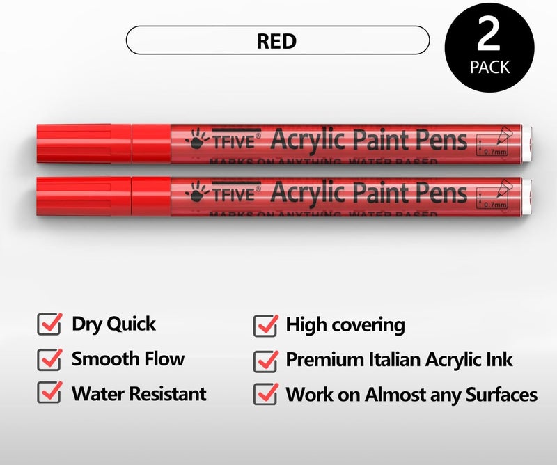 TFIVE Red Paint Pens - 2 Pack Acrylic Permanent Markers, 0.7mm Extra Fine Tip for Art Projects, Drawing, Rock Painting, Ceramic, Glass, Wood, Plastic, Metal, Canvas DIY Crafts - Image 2